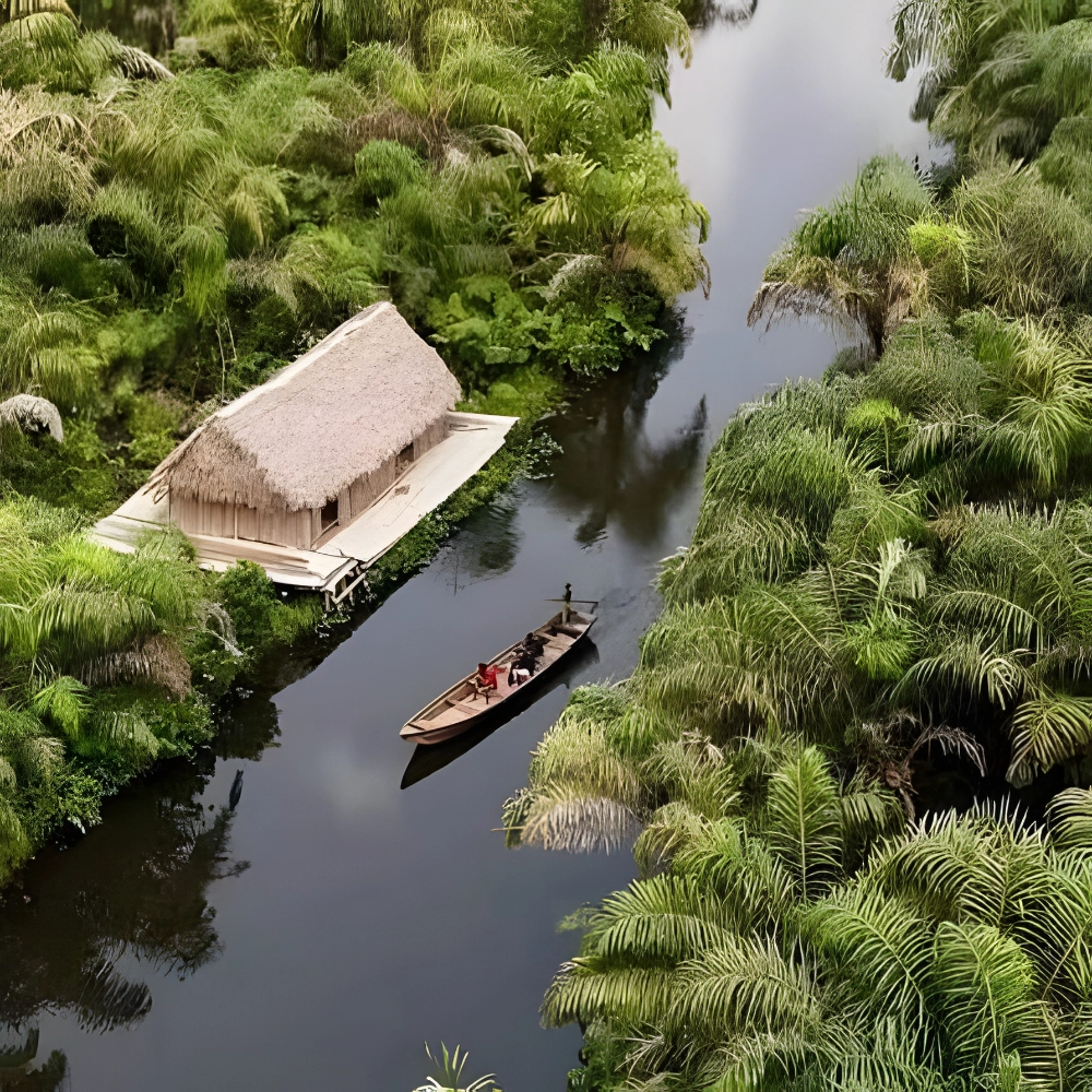 Maison sur pilotis et pirogue à Ganvié, la cité lacustre