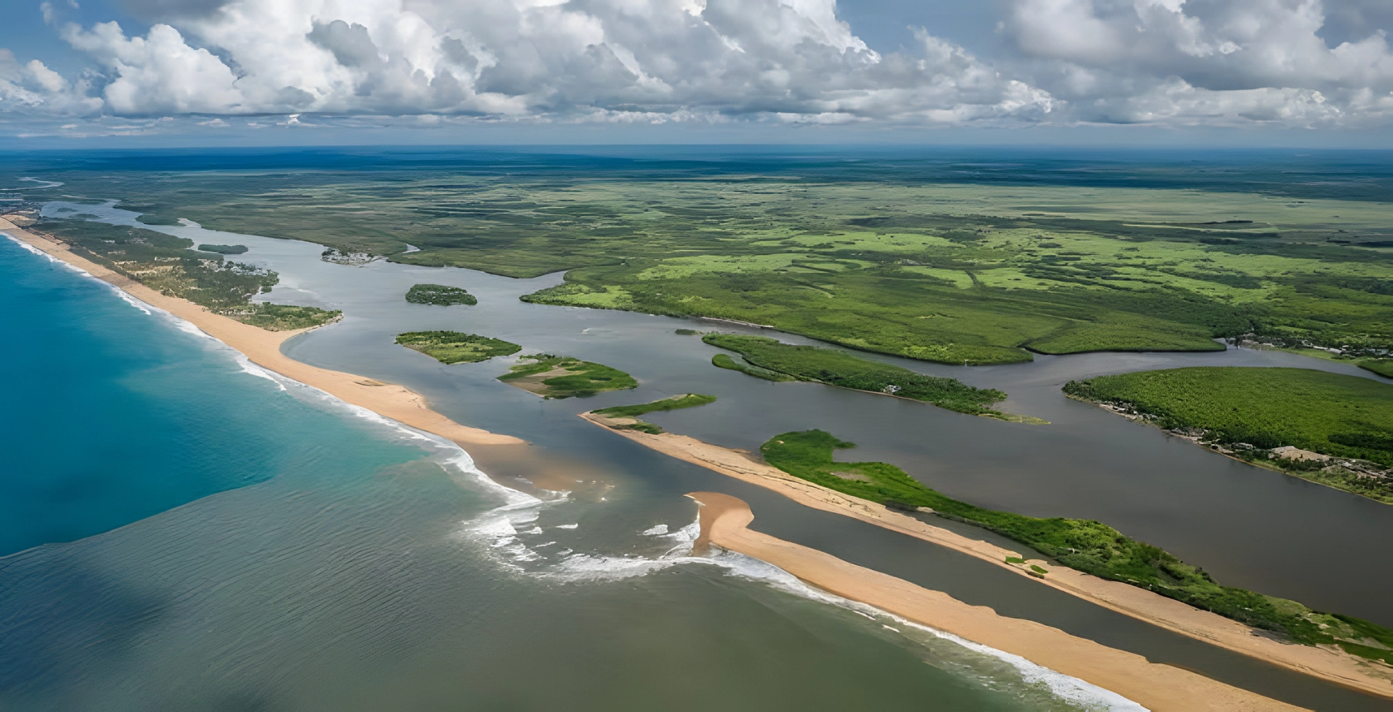 La côte du Bénin vue du ciel — lagune, plage sauvage et océan Atlantique